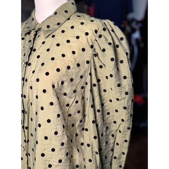 Stradivarius Womens L Green Black Polka Dot Long Puff Sleeve Blouse Button Down - Picture 5 of 8